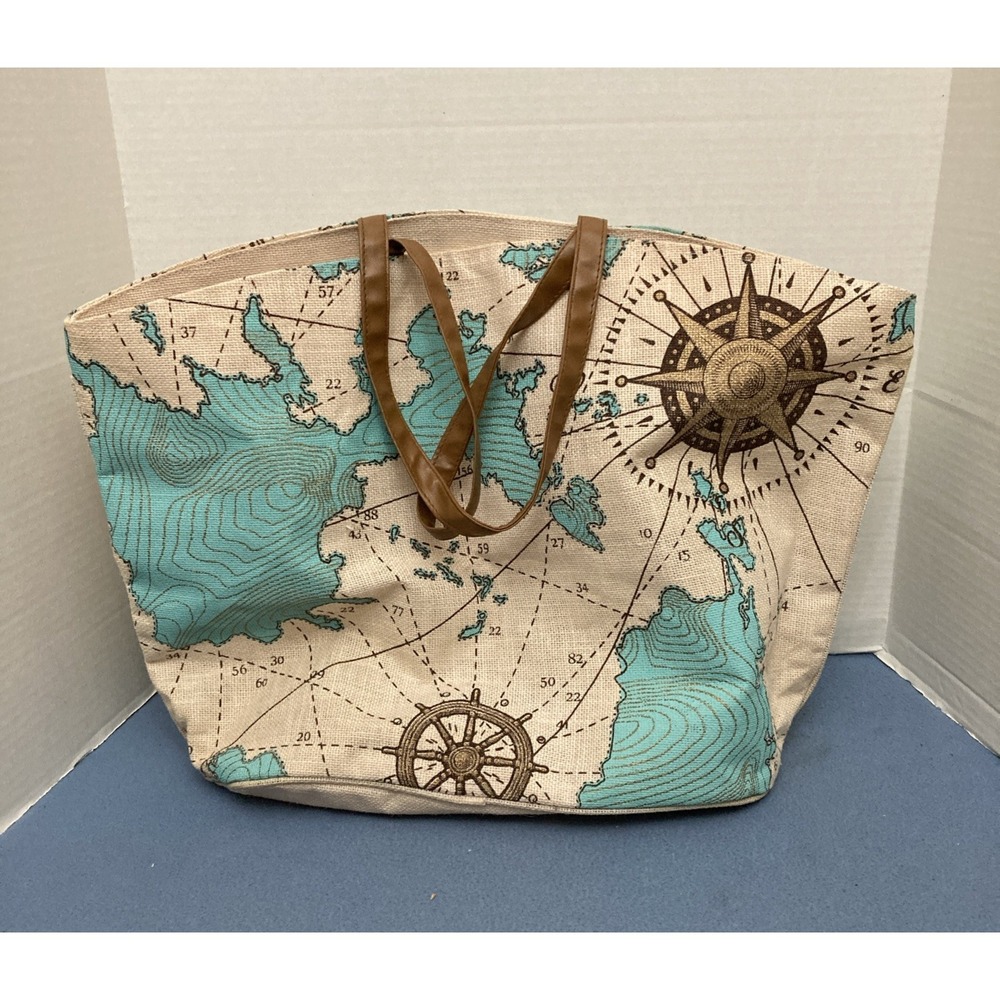 Mud Pie Multicolor Seven Seas Nautical Map & Compass Graphic Jute‎ Tote